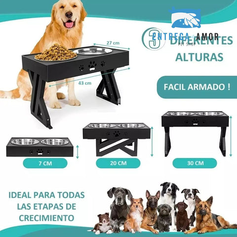 Comedero-bebedero Para Perros Altura Ajustable - Plato Acero